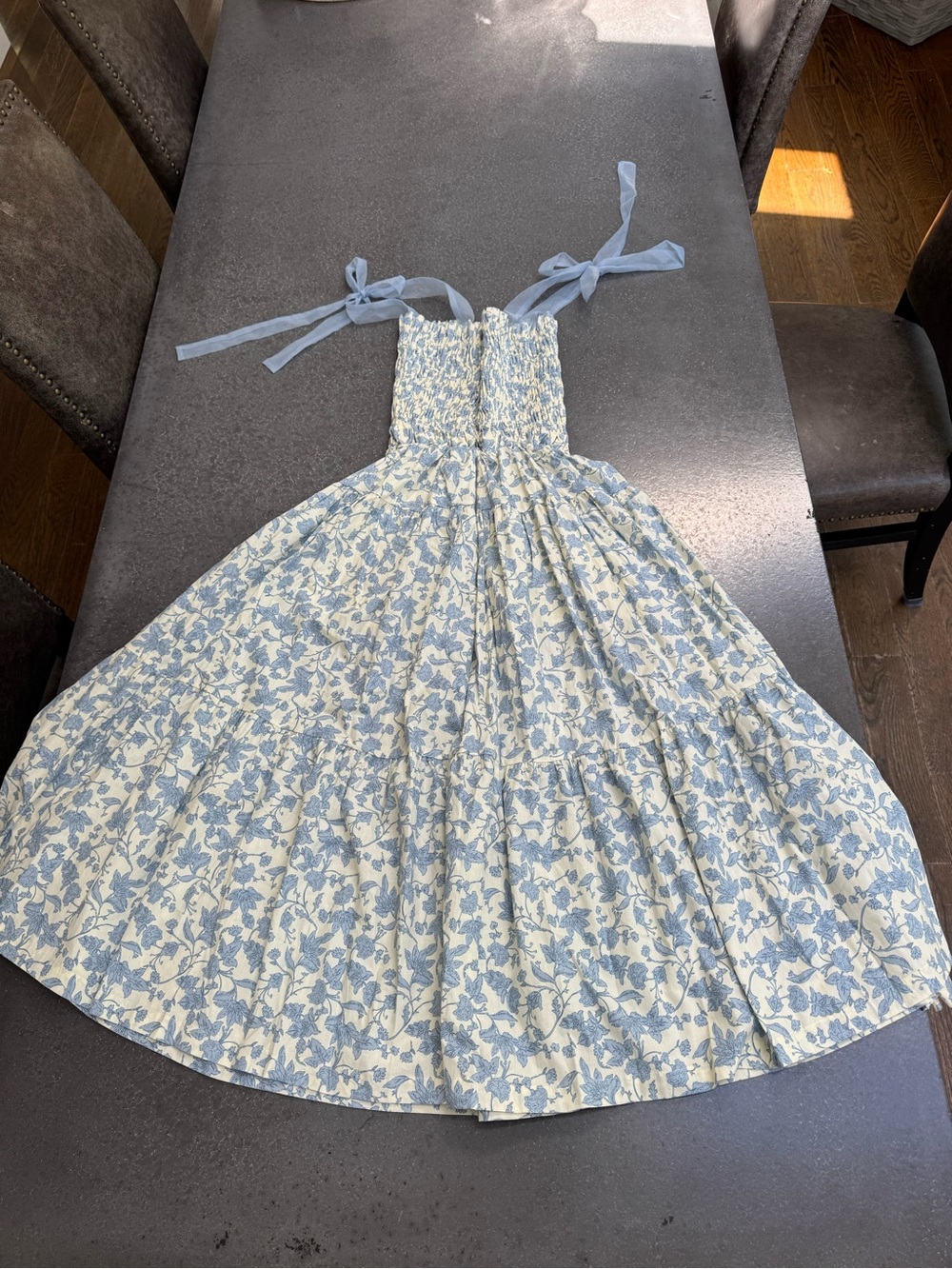Blue & White Floral Smocked Tie-Strap Midi Dress size S